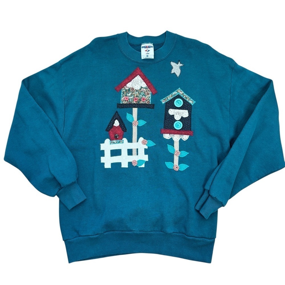 VTG 90s Jerzees Large Womens Sweatshirt Embroidered Appliqued Birdhouse Made USA